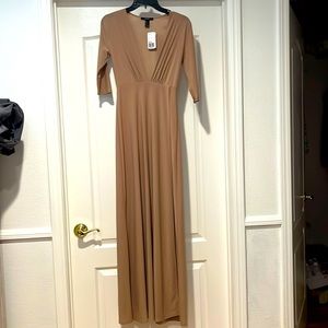 FOREVER 21 Brand new taupe v-neck long dress with sleeves! Never worn w/tags!